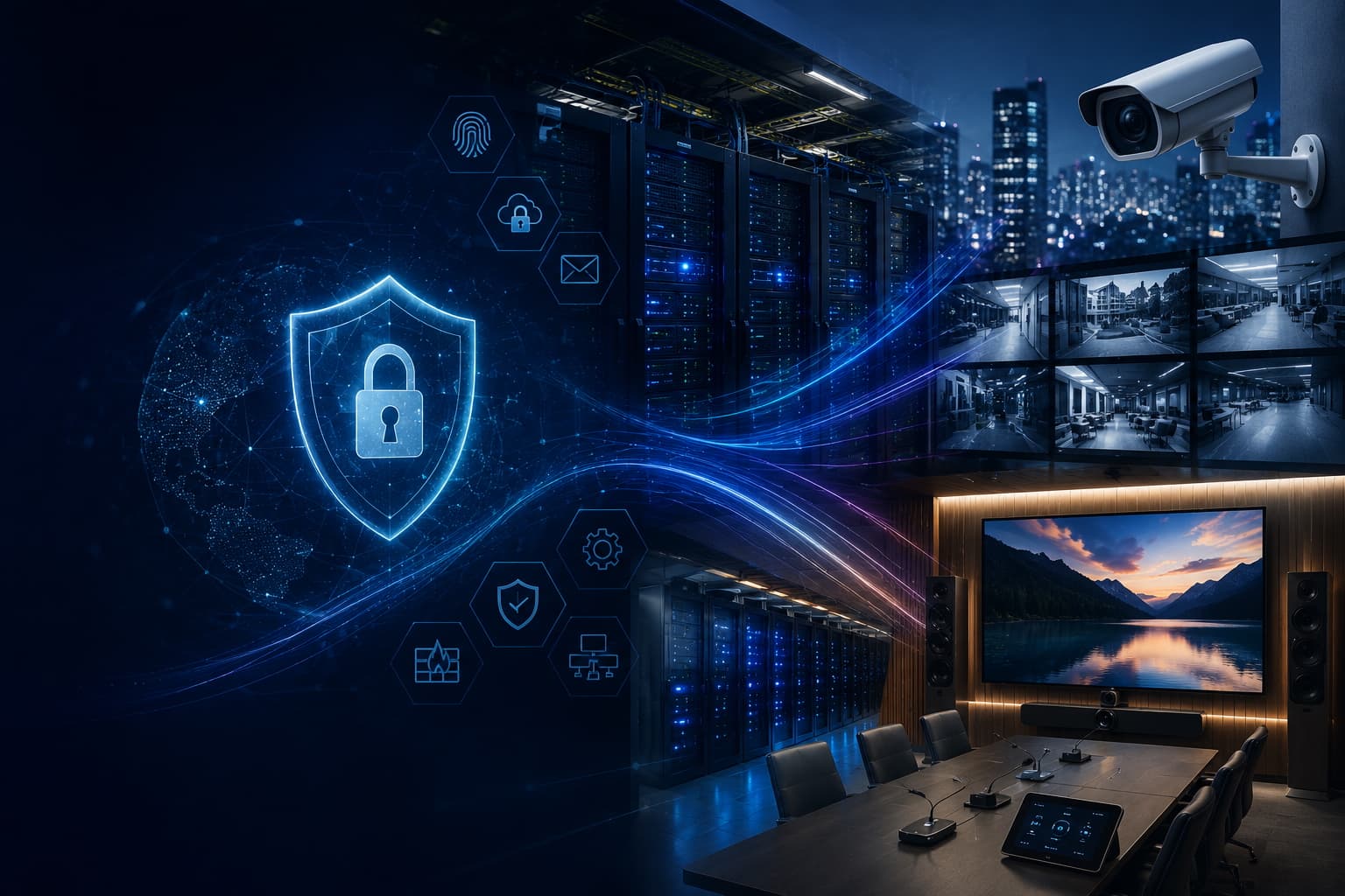 B1 Tech integrated systems — network infrastructure, cybersecurity, CCTV surveillance, and conference-room AV